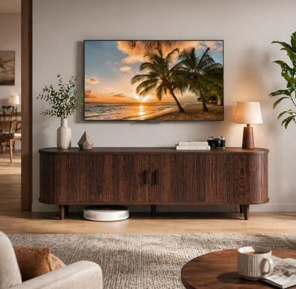 58" Mid-Century Modern TV Stand with Sliding Doors, TV Consoles with Power Outlet, Fluted Entertainment Center with Adjustable Shelves for Living Room