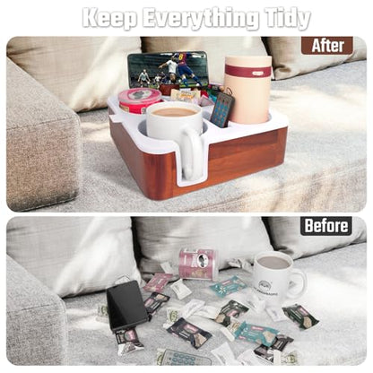 Couch Cup Holder Tray, Real Acacia Wooden Caddy with Soft Silicone, Snack and Drink Organizer- Perfect Movie Night Accessories for Bed, Remote and Cup Holders for Sofa (White)