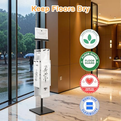 Wet Umbrella Stand with 400 Free Plastic Umbrella Bags disposable for Entry | 4-Side Hanging Umbrella Holder | Magnetic Signs | Dual-Size Umbrella Bag
