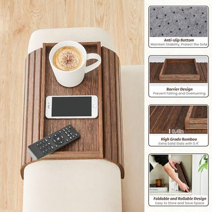 Bamboo Sofa Arm Tray, Foldable Couch Arm Tray Side Table, Anti-Falling Armrest Tables Cup Holder for Snacks, Drinks, Beers, Phone, Control, Flexible and Portable, Anti-Slip Bottom