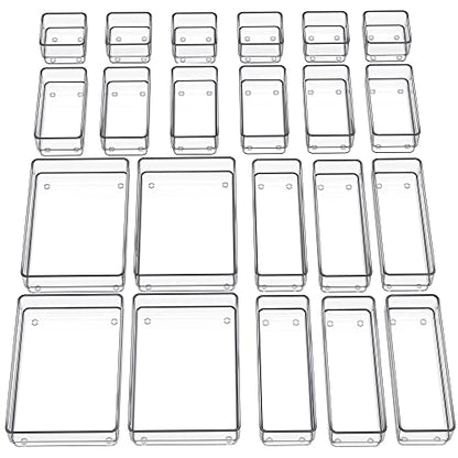 SMARTAKE 22 PCS Drawer Organizer, 4-Size Desk Bathroom Drawer Organizer | 4-Size Storage Tray with Non-Slip Silicone Pads for Makeup, Jewelries, Utensils in Bedroom Dresser, Office and Kitchen, Clear