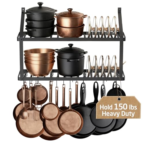 150 lb High-Capacity Pot Rack Wall Mounted with Po... (Black | Iron)