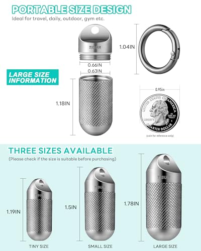 TISUR Titanium Keychain Pill Holder Small Metal Pill Case | Portable Waterproof Pill Container,Travel Pill Bottle Box for Purse
