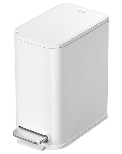 Cesun Small Bathroom Trash Can with Lid Soft Close & Pedal, 1.3 Gal, White | Removable Inner Bucket, Slim Stainless Steel Garbage Can for Bedroom/Office, Included 5 Trash Bags, Hidden Bag, Built to Last