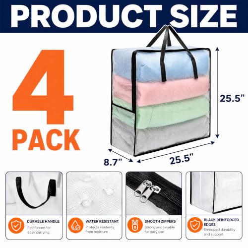Fasmov 4 Pack Oversized Clear Storage Bag with Handles and Zippers, Vinyl Storage Bag for Comforter, Blanket, Bedding, Duvet, Transparent Moving Tote, Under the Bed Storage, Garage Organizer