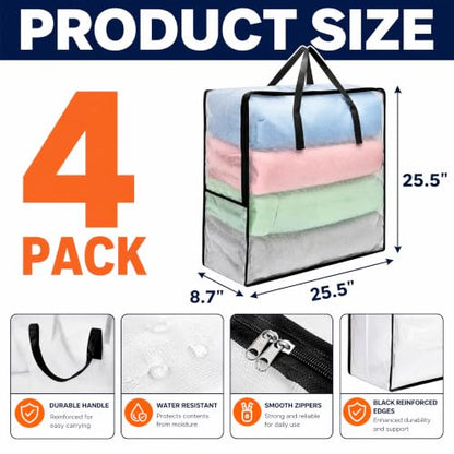 Fasmov 4 Pack Oversized Clear Storage Bag with Handles and Zippers, Vinyl Storage Bag for Comforter, Blanket, Bedding, Duvet, Transparent Moving Tote, Under the Bed Storage, Garage Organizer