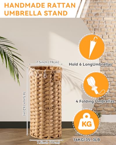 Rattan Umbrella Stand for Entryway,Hand-Woven Umbrella Holder Indoor with Doormat, Removable Drip Tray & 4 Hooks,Waterproof Umbrella Storage Basket