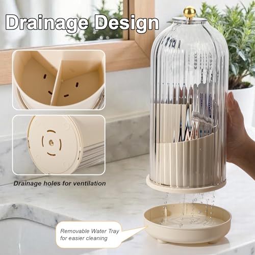 Toothbrush Holders with Cover Toothpaste Organizer for Bathroom, Beige | 360° Rotating, Dustproof Sliding Lid, Drainage Holes, Waterproof, for Kids Electric Toothbrush Makeup Brush Storage