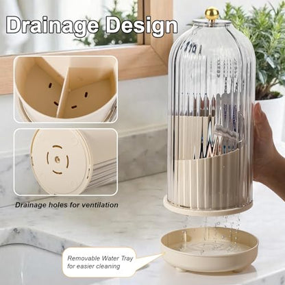 Toothbrush Holders with Cover Toothpaste Organizer for Bathroom, Beige | 360° Rotating, Dustproof Sliding Lid, Drainage Holes, Waterproof, for Kids Electric Toothbrush Makeup Brush Storage