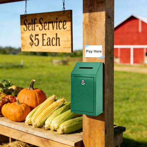 KYODOLED Cash Box for Farm Stand, Money Drop Box with Lock & Slot, Green | Wall mount, self-service payment drop, porch pickup, 2 keys, hardware included, 10.24 x 5.7 x 2.95 in