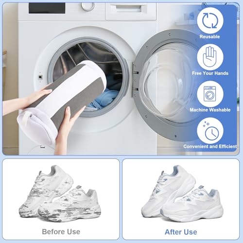 2 PCS Shoe Washing Machine Bags for Washer and Dryer, Grey + White | Reusable Laundry Shoe Bag, Hands Free, Hidden Self-locking Zipper, 360° Deep Cleaning, For Sneakers and All Shoes Types
