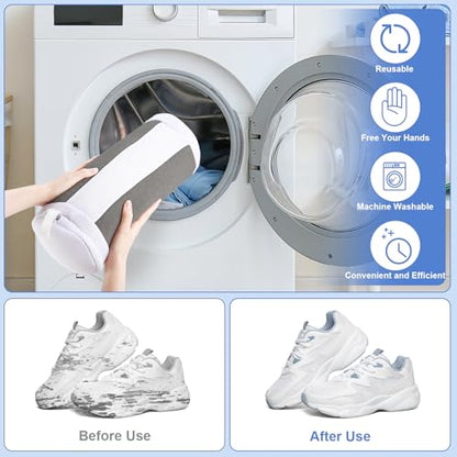 2 PCS Shoe Washing Machine Bags for Washer and Dryer, Grey + White | Reusable Laundry Shoe Bag, Hands Free, Hidden Self-locking Zipper, 360° Deep Cleaning, For Sneakers and All Shoes Types
