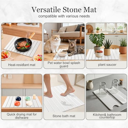 3PCS Set Large Stone Drying Mat for Kitchen Counter Foldable Collapsible Fast Drying Stone Dish Mat Water Absorbing Natural Diatomaceous Earth Bath Mat Quick Dry Stone Tray Bathroom Countertop, White