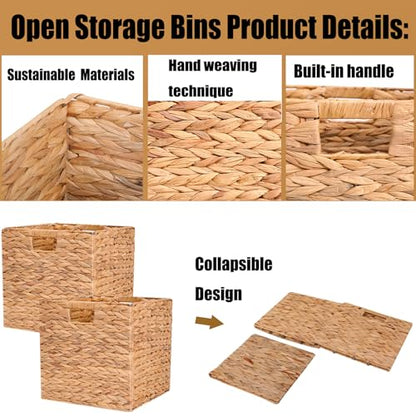 12x12x12 Inch Wicker Storage Basket Set of 2 Foldable Hyacinth Storage Box | Handmade Woven Basket for Closet,Shelf Organization & Decor - Natural