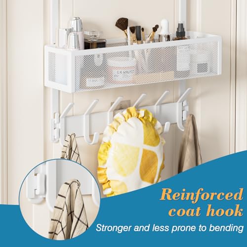 Over the Door Hooks Organizer,Door Hanger Fits Doors 1 3/4" White | 12 Coat Hooks and 2 Mesh Basket,Space-Saving,Back Storage Organizer,Over The Door Towel Rack,for Bathroom,Bedroom,Kitchen