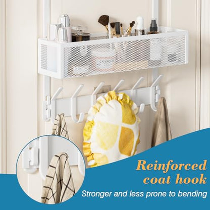 Over the Door Hooks Organizer,Door Hanger Fits Doors 1 3/4" White | 12 Coat Hooks and 2 Mesh Basket,Space-Saving,Back Storage Organizer,Over The Door Towel Rack,for Bathroom,Bedroom,Kitchen