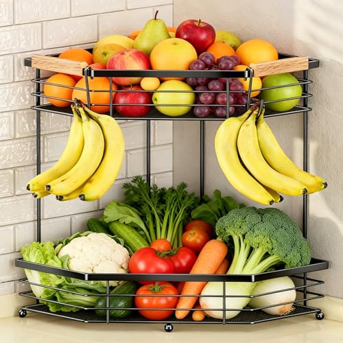 Fruit Basket for Kitchen Corner: Space-Saving 2-Tier | Sturdy Metal Fruit and Vegetable Stand Fits 90° Corners, Holds 12+ lbs, Frees 2 sq ft Counter Space