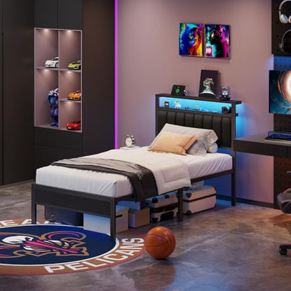 Twin Size Bed Frame with Charging Station and LED Lights