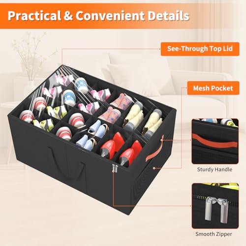 2 Pack Shoe Organizer for Closet, Large Shoe Storage Box, Black | Fits up to 48 Pairs, Stackable, Space Saving, Foldable, Shoes Organizer Bin with Clear Cover, 4 Reinforced Handles