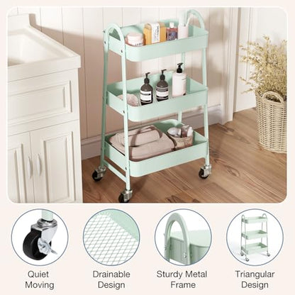OLIXIS Metal 3 Tiers Rolling Storage Utility Cart with Lockable Wheels | Mobile Organizer Shelf, Space-Saving, Freestanding, Bathroom, Living Room, Slim, Narrow Corner Spaces, Pale Green