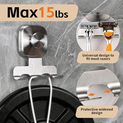 Razor Holder for Shower, 15 LB Suction Cup for Glass Door & Tile, Rustproof Stainless Steel Shaver & Loofah Hanger, No Drill Bathroom Hook for Renters & Dorm, Space Saving (2, Brushed Nickel)