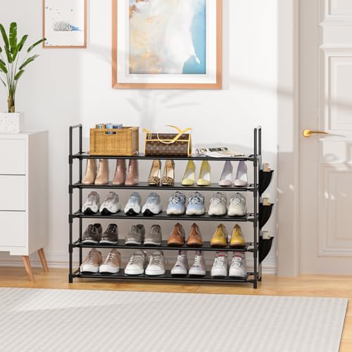 Shoe Rack 5 Tier 20-25 Storage Capacity Shoes Organizer | Closet, Entryway, Garage, Door Entrance, Space Saving Shoes Holder Stand, Sturdy Metal Free Standing Boot Shelf Tower Black