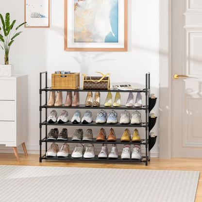 Shoe Rack 5 Tier 20-25 Storage Capacity Shoes Organizer | Closet, Entryway, Garage, Door Entrance, Space Saving Shoes Holder Stand, Sturdy Metal Free Standing Boot Shelf Tower Black