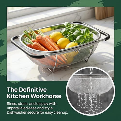 2 Pack Over the Sink Oval Colander for Kitchen, Stainless Steel Fine Mesh 6 Quart Strainer Basket with Expandable Rubber Grip Handles for Straining, Draining, Rinsing Fruits, Vegetables