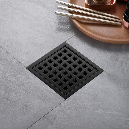 Shower Drain, Matte Black 4 inch Square Shower Floor Drain with Flange, Removeable Grid Panel SUS 304 Stainless Steel Square Shower Drain