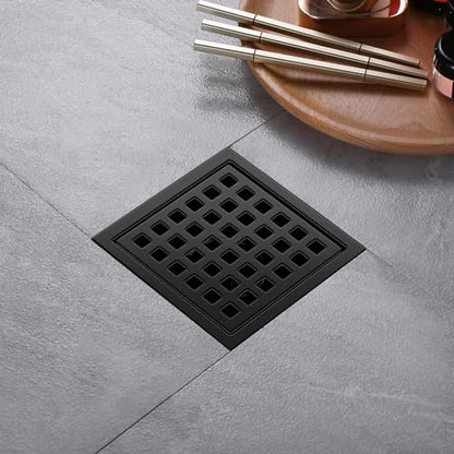 Shower Drain, Matte Black 4 inch Square Shower Floor Drain with Flange, Removeable Grid Panel SUS 304 Stainless Steel Square Shower Drain