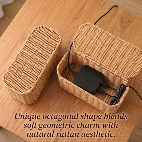 Large Cable Management Box with Lid, Wicker Basket Hides Power Strips, TV Boxes & Routers