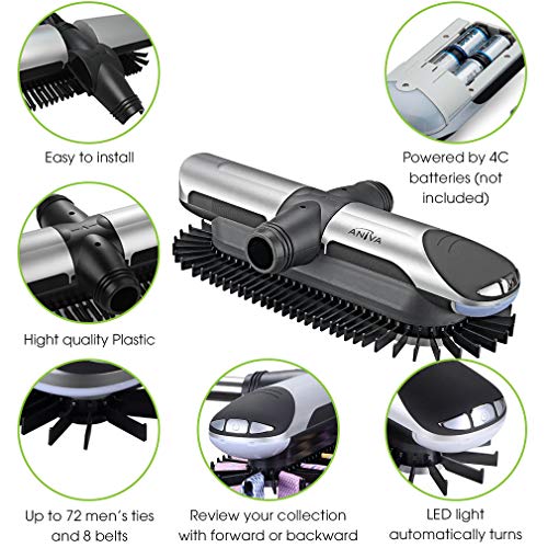 Motorized Tie Rack Closet Organizer with LED Lights Includes J Hooks for Wired Shelving Stores Up to 72 Ties & 8 Belts, Operates with Batteries