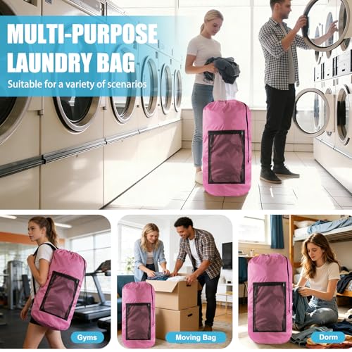 Olosar Laundry Bag Backpack, Extra Large Travel Laundry Bag with Mesh Pocket & Adjustable Shoulder Straps,Dirty Clothes Travel Bag for College Students Dorm,Apartment(Pink)