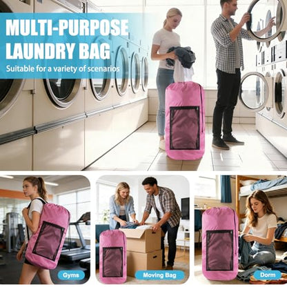 Olosar Laundry Bag Backpack, Extra Large Travel Laundry Bag with Mesh Pocket & Adjustable Shoulder Straps,Dirty Clothes Travel Bag for College Students Dorm,Apartment(Pink)
