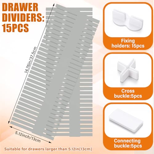 15 Pcs 5.12 Tall Drawer Divider Adjustable Drawer Organizer,Grey | DIY Deep Storage Organizer Separator with Fixed Buckle for Underwear Socks Dormitory Office Kitchen Bedroom
