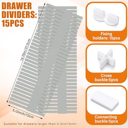 15 Pcs 5.12 Tall Drawer Divider Adjustable Drawer Organizer,Grey | DIY Deep Storage Organizer Separator with Fixed Buckle for Underwear Socks Dormitory Office Kitchen Bedroom
