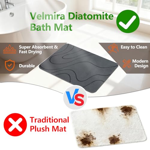 Stone Bath Mat, Quick Dry Shower Mat, Diatomaceous Earth Shower Mat, Non-Slip Hard Surface, Ultra Absorbent Bathroom Floor Mat for Tub, Entry, or Sink – 23.6" x 15.4", Gray (Wave)