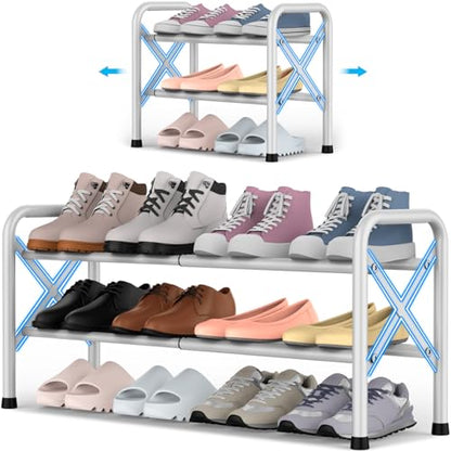 YEASHEIN 2-Tier Expandable Shoe Rack for Closet Floor, X-Frame - White | Metal Small Shoe Rack for Entryway, Adjustable Shoe Shelf Organizer, Free Standing Shoe Racks for Front Door Entrance, Garage