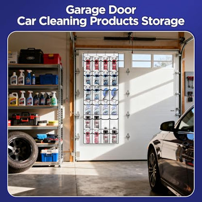 Clear Cleaning Supplies Organizer,Cleaning Products 24 Pockets Large Capacity Over The Door All-Purpose Cleaner Holder for Laundry Bathroom Auto Glass Cleaner Organizer for Garage,Spray Bottle Holder