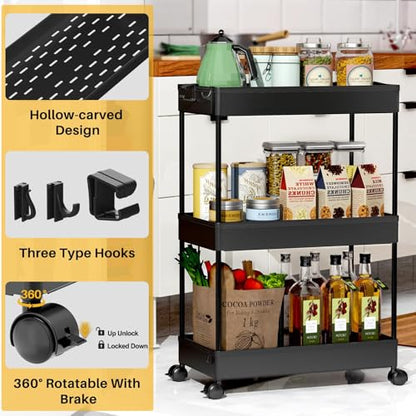 3 Tier Rolling Cart with Wheels, Storage Craft Art Trolley Organizer Serving, 3 Hanging Baskets Easy Assembly, for Office, Bathroom，Living Room, Kitchen, Black
