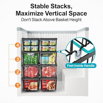 Freezer Organizer Bins - Small Storage Baskets for 7 Cu.Ft, 4 Pack | Easy Access Handles, Stackable Deep Freezer Wire Baskets, Vertical Space Sorts for Frozen Meat, Vegetable and Bagged Items