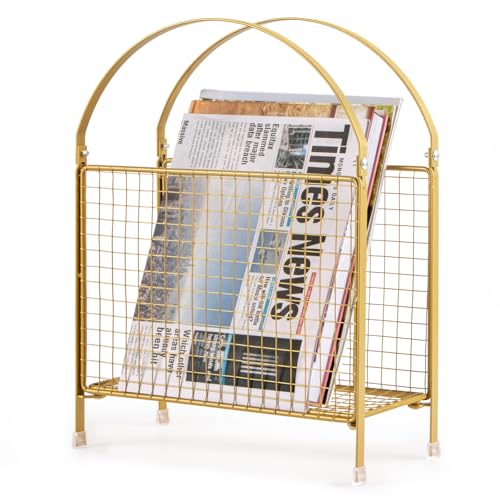 Freestanding Magazine Holder, Metal Magazine Rack Floor Stand | Modern Touch Handbag Design, for Magazine, Newspaper, Books, Vinyl Record (Gold)