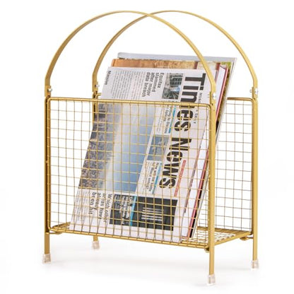 Freestanding Magazine Holder, Metal Magazine Rack Floor Stand | Modern Touch Handbag Design, for Magazine, Newspaper, Books, Vinyl Record (Gold)