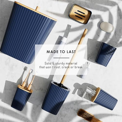 Clara Clark Bathroom Set, Shower Curtain Set, Bathroom Accessory Set | 20 Piece Navy Blue Bathroom Accessories Set with Toothbrush Holder, Soap Dispenser, Soap Dish, Toilet Brush, and Trash Can