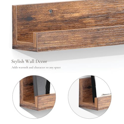 Vinyl Record Shelf Wall Mount, Pack of 6 Floating Shelves for Wall | 12 inch Wooden Album Record Holder Display for Wall, Magazine Rack, Kids Bookshelf for Bedroom, Living Room, Rustic Brown