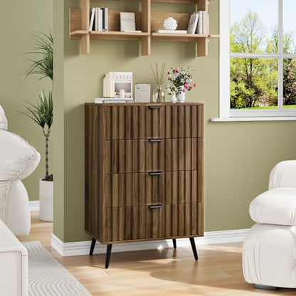 Walnut Fluted 4 Drawers Dresser for Bedroom, Chest of Drawers with Metal Wide Handle, Wooden Dresser for Closet, Bedroom, Living Room, 23.6" x 14.9"D x 30.7" H