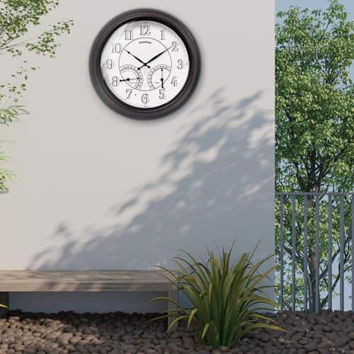 18" Illuminated Outdoor Clocks for Patio Waterproof | Adjustable Thermometer & Hygrometer,Oil Rubbed Bronze Black, IP65 Weatherproof & Easy to Read for Patio,Pool & Home Decor