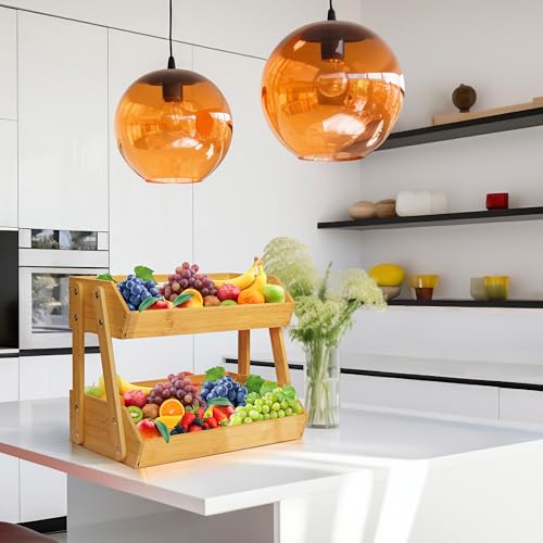 16.5" Fruit Stand Storage Holder 4 Sturdier Legs, 2-Tier Fruit Basket Bowl | Premium Produce Basket for Kitchen, Bamboo Fruit Bowl Holder for Fruit, Vegetables, Bread, Snacks, Countertop Organizer