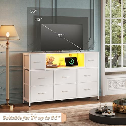 WLIVE LED Dresser TV Stand for 55 Inch TV, 8 Drawers, White | Fits TVs up to 55 inch, 8 fabric drawers, LED chest of drawers, Built-in power outlet, Living room or bedroom