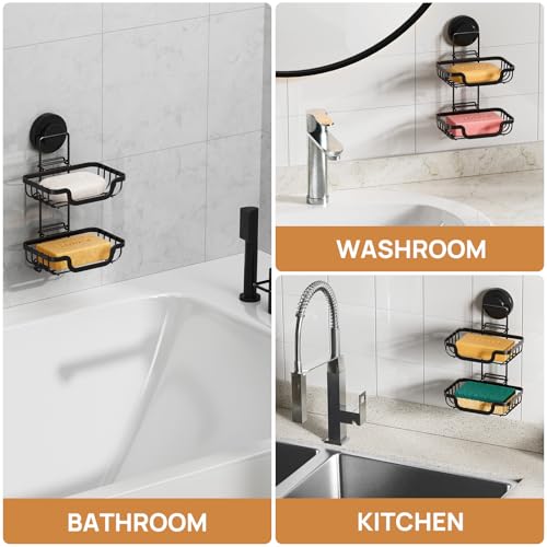 Bar Soap Holder with Hooks, Suction Cup Soap Dish Stainless Steel | 2 Layer Soap Holder Shower Wall Mounted, Soap and Razor Holder for Shower, Rustproof for Bathroom, Sponge Holder Saver